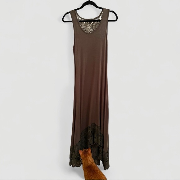 Cupio Olive Green Crochet Midi Dress | High-Low Hem | Size Small - Picture 1 of 5